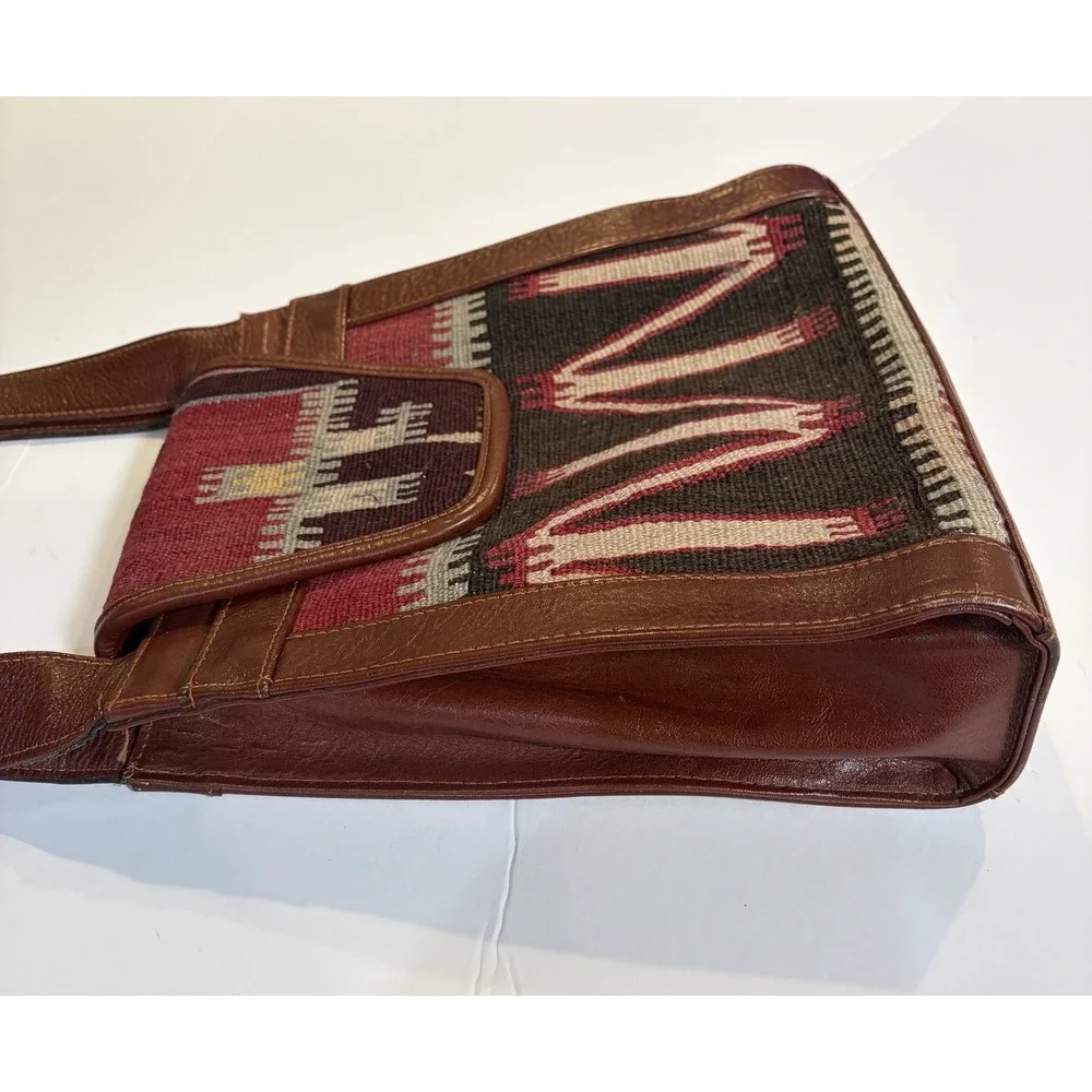VTG YUN ART Turkish Kilim Wool Rust-Tan Leather Shoulder Bag Purse Boho Hobo